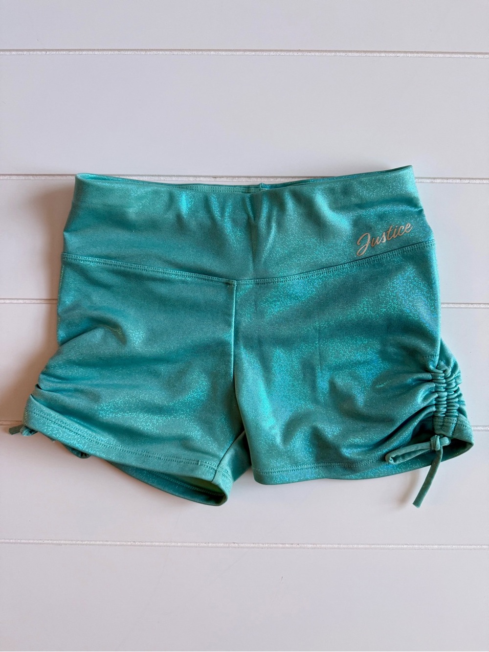 Girls Teal Shimmer Ruched Side Active Shorts